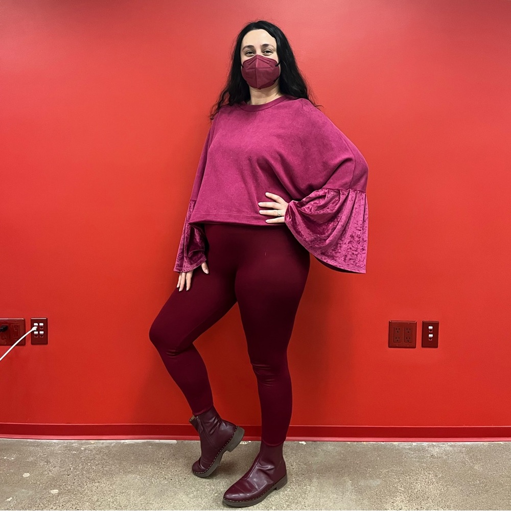 Maroon burgundy velvet bell sleeve sweater maternity